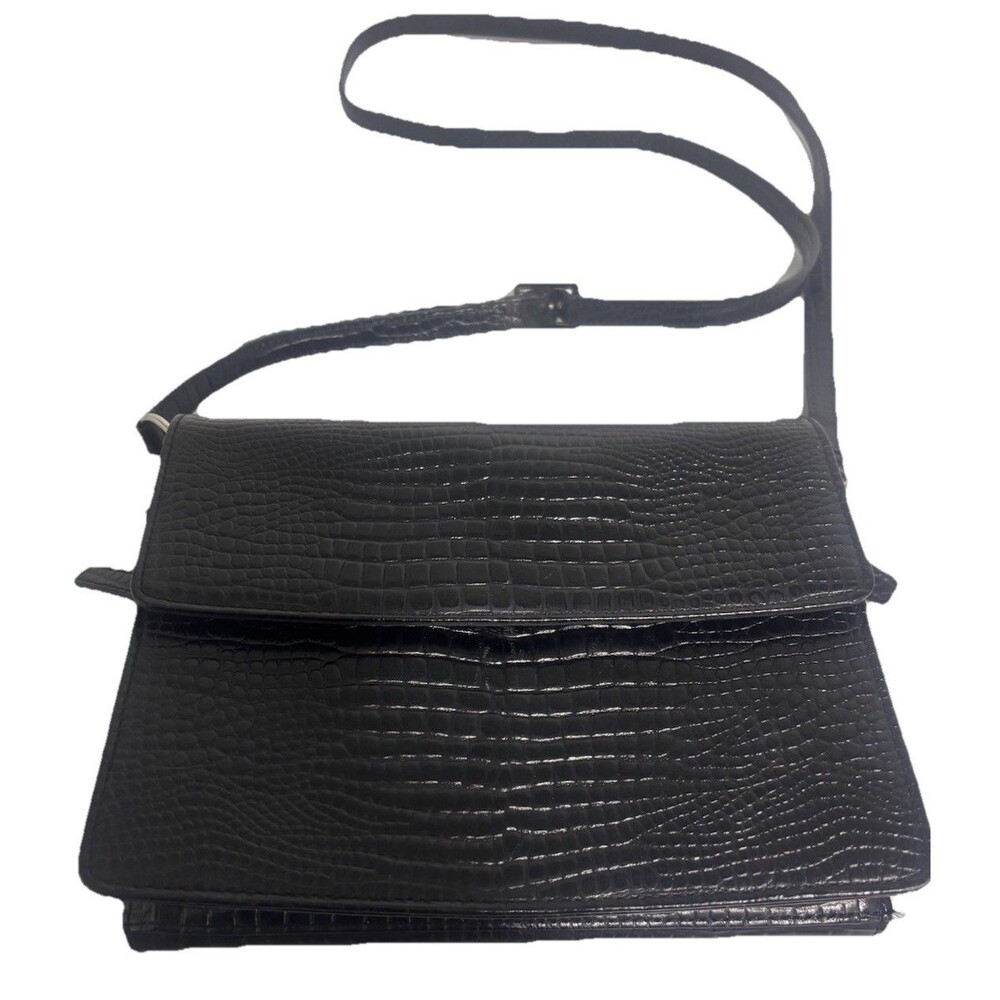 Levenger Black Croc Embossed Leather Crossbody Organizer Handbag Purse